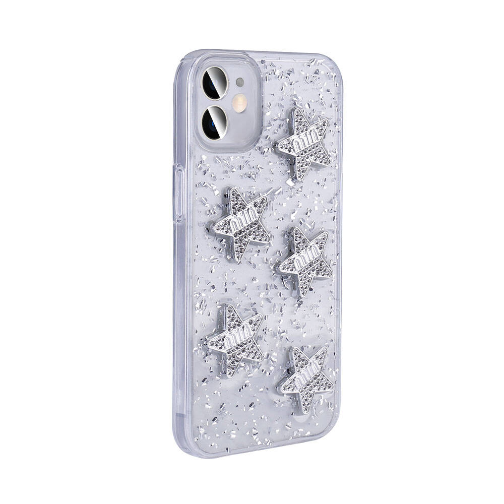 Apple iPhone 11 Kılıf Airbagli Simli Arka Yüzey Zore Işıltı Silikon Kapak Beyaz-Yıldız