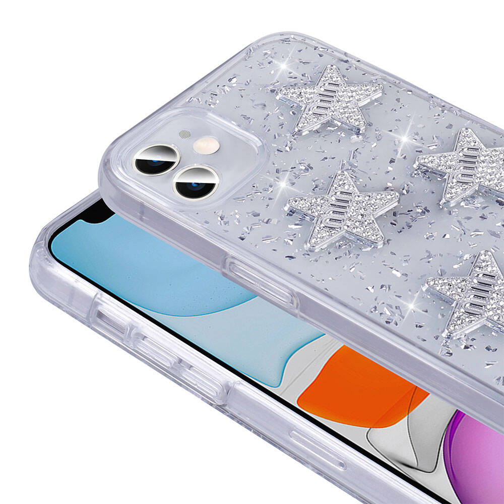 Apple iPhone 11 Kılıf Airbagli Simli Arka Yüzey Zore Işıltı Silikon Kapak Beyaz-Yıldız