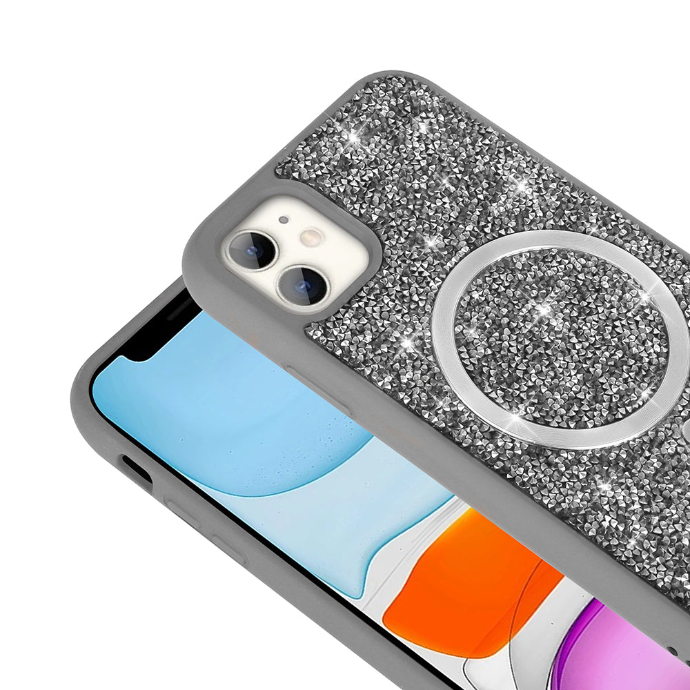 Apple iPhone 11 Kılıf Pırlanta Tasarımlı M-safe Şarj Özellikli Zore Mozaik Silikon Kapak Siyah