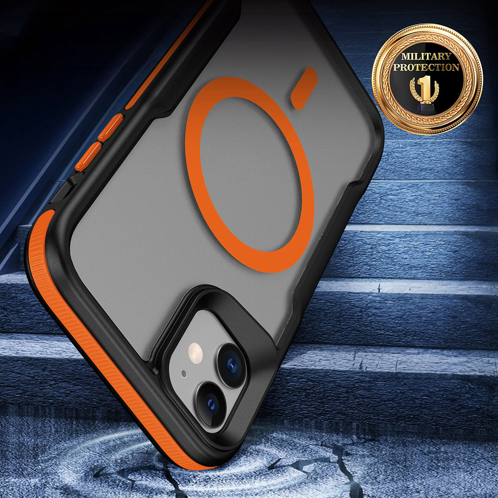 Apple iPhone 12 Kılıf M-safe Şarj Özellikli Renkli Kenar Airbag Şeritli Zore Lamer Kapak Turuncu