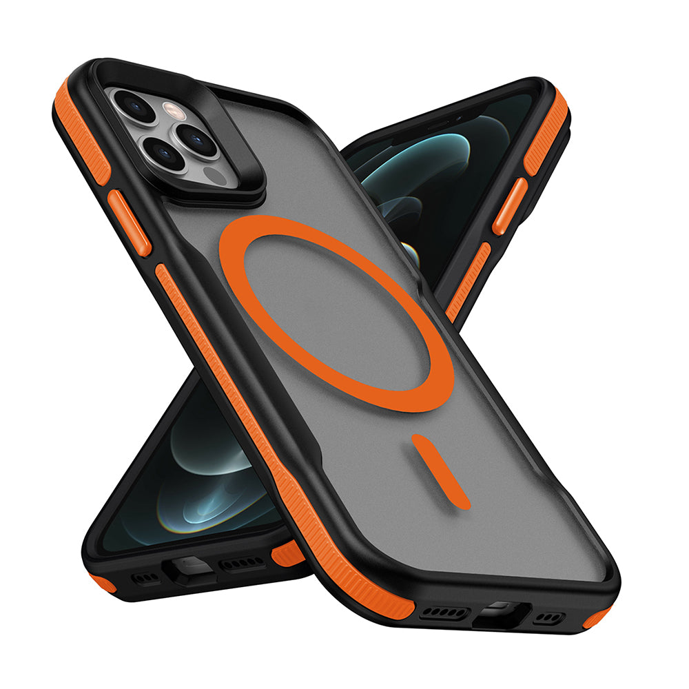 Apple iPhone 12 Kılıf M-safe Şarj Özellikli Renkli Kenar Airbag Şeritli Zore Lamer Kapak Turuncu