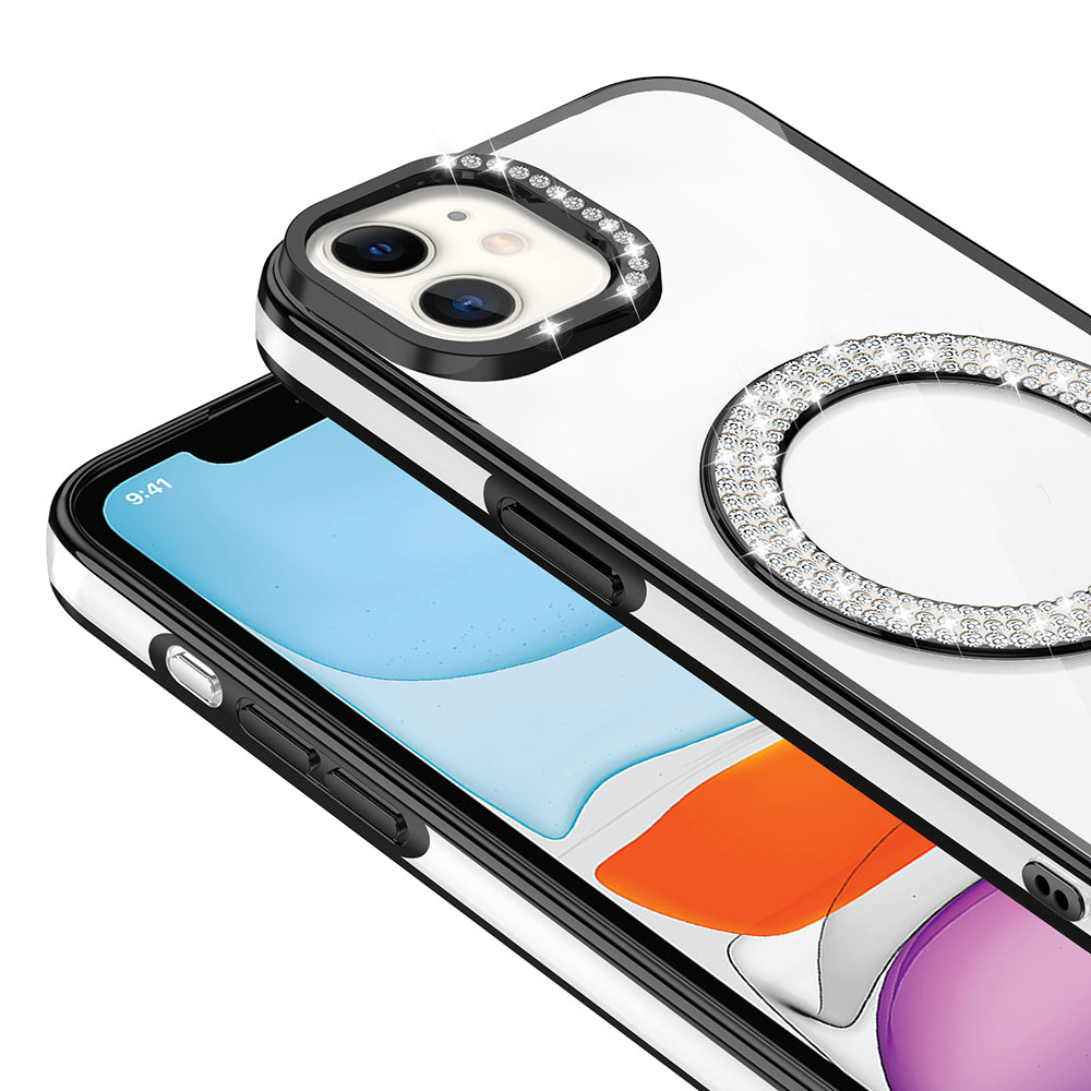 Apple iPhone 12 Kılıf Pırlanta Taş Tasarımlı M-safe Şarj Özellikli Zore Karetta Silikon Kapak Gümüş