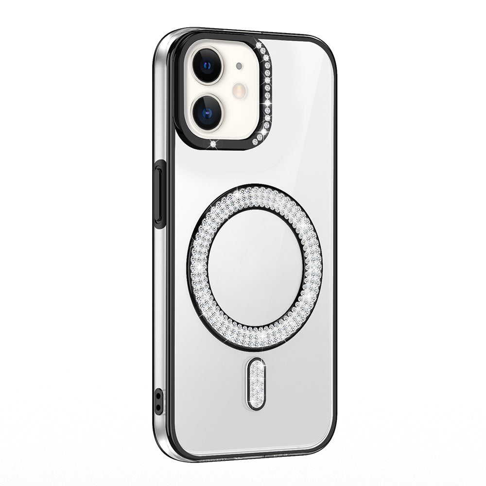 Apple iPhone 12 Kılıf Pırlanta Taş Tasarımlı M-safe Şarj Özellikli Zore Karetta Silikon Kapak Siyah