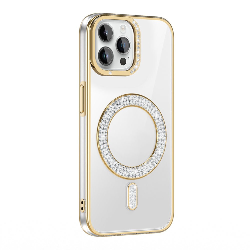 Apple iPhone 12 Pro Kılıf Pırlanta Taş Tasarımlı M-safe Şarj Özellikli Zore Karetta Silikon Kapak Gold