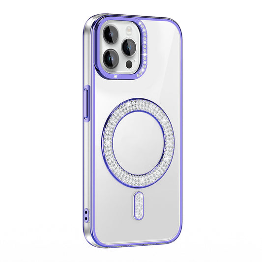 Apple iPhone 12 Pro Kılıf Pırlanta Taş Tasarımlı M-safe Şarj Özellikli Zore Karetta Silikon Kapak Mor