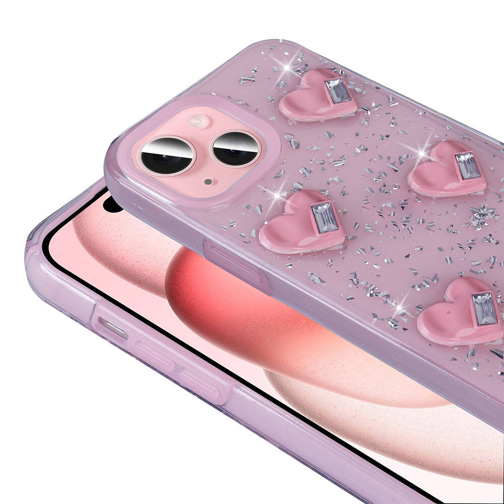 Apple iPhone 13 Kılıf Airbagli Simli Arka Yüzey Zore Işıltı Silikon Kapak Beyaz-Kalp