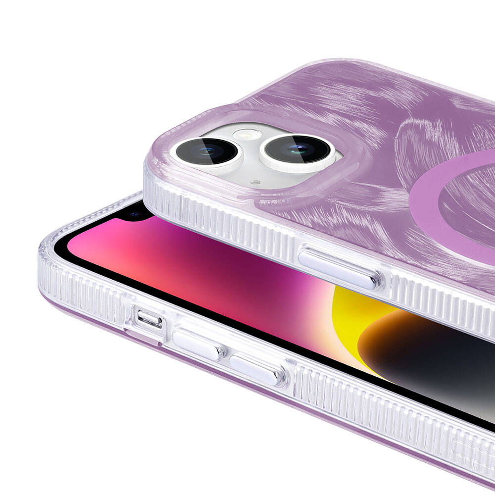 Apple iPhone 13 Kılıf M-safe Şarj Özellikli Fırça Boya Desenli Zore Palet Kapak Mor