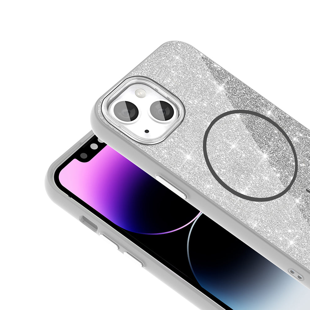 Apple iPhone 13 Kılıf M-safe Şarj Özellikli Parlayan Simli Zore Okso Kapak Pembe