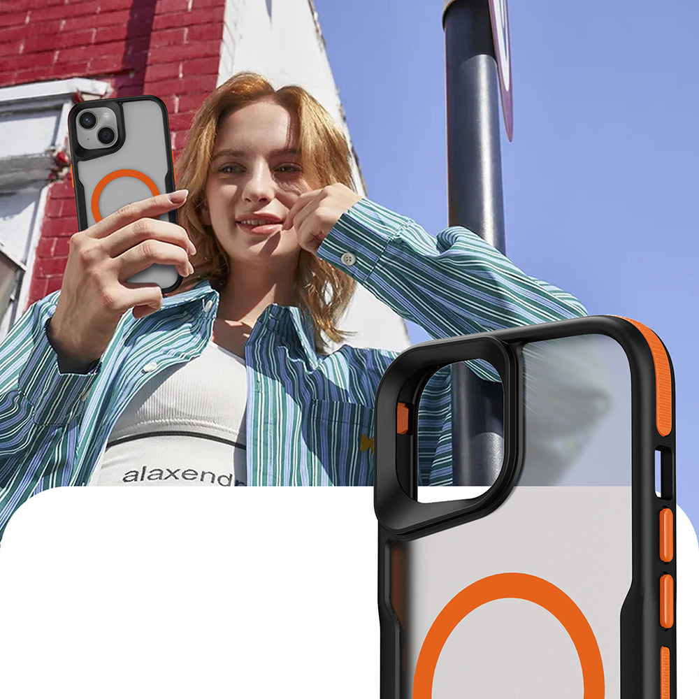 Apple iPhone 13 Kılıf M-safe Şarj Özellikli Renkli Kenar Airbag Şeritli Zore Lamer Kapak Turuncu