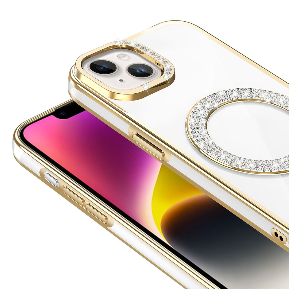 Apple iPhone 13 Kılıf Pırlanta Taş Tasarımlı M-safe Şarj Özellikli Zore Karetta Silikon Kapak Rose Gold