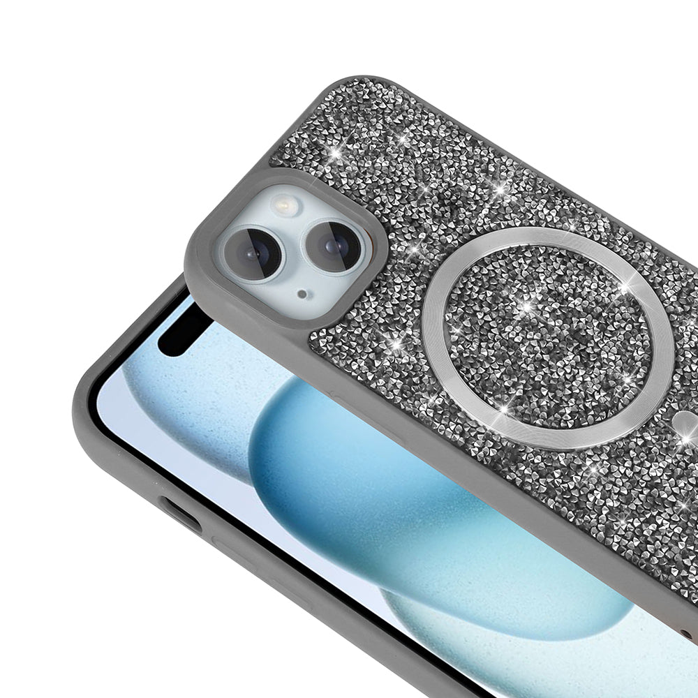 Apple iPhone 13 Kılıf Pırlanta Tasarımlı M-safe Şarj Özellikli Zore Mozaik Silikon Kapak Siyah