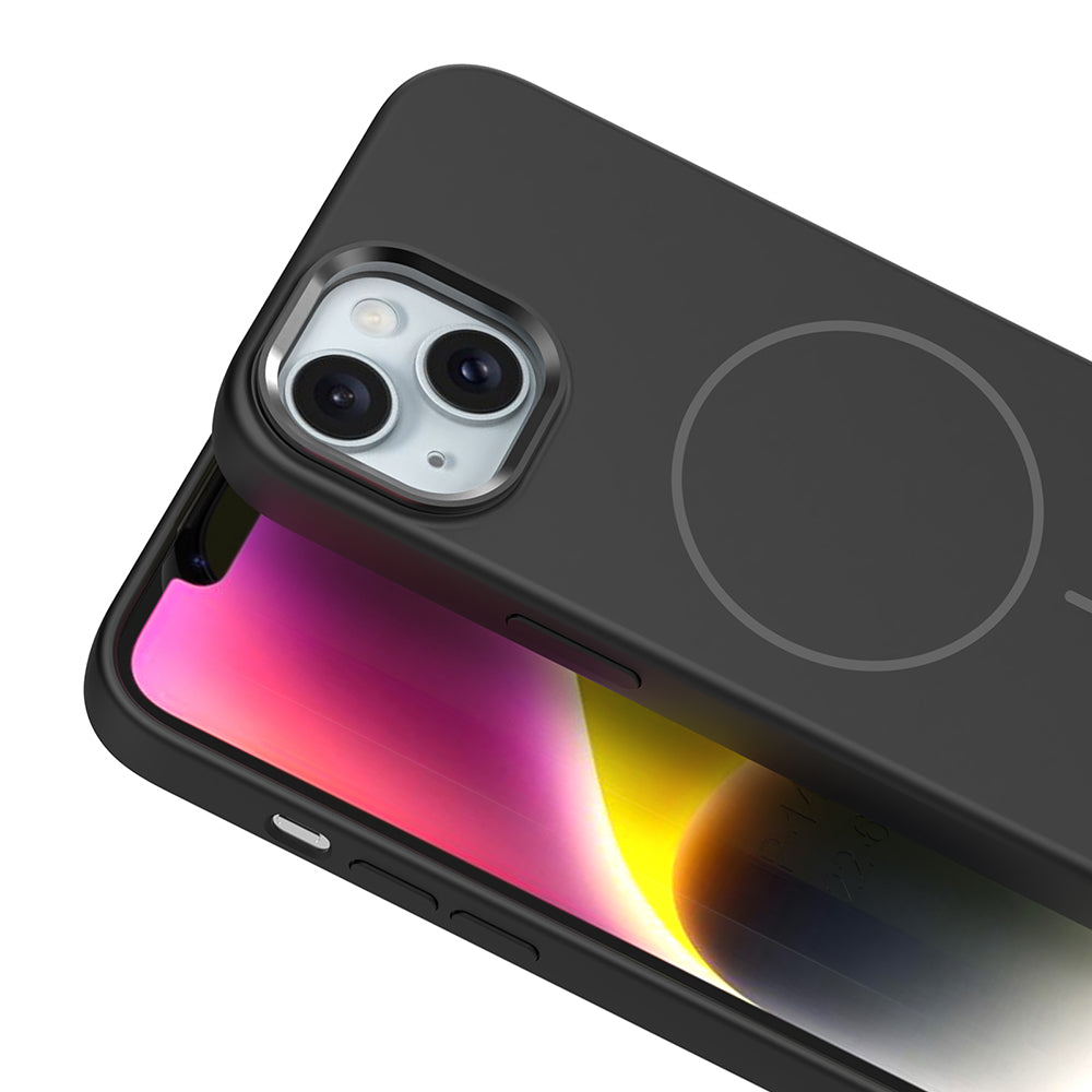 Apple iPhone 14 Kılıf M-Safe Şarj Özellikli Metal Kamera Çerçeveli Zore Edi Silikon Kapak Koyu Gri