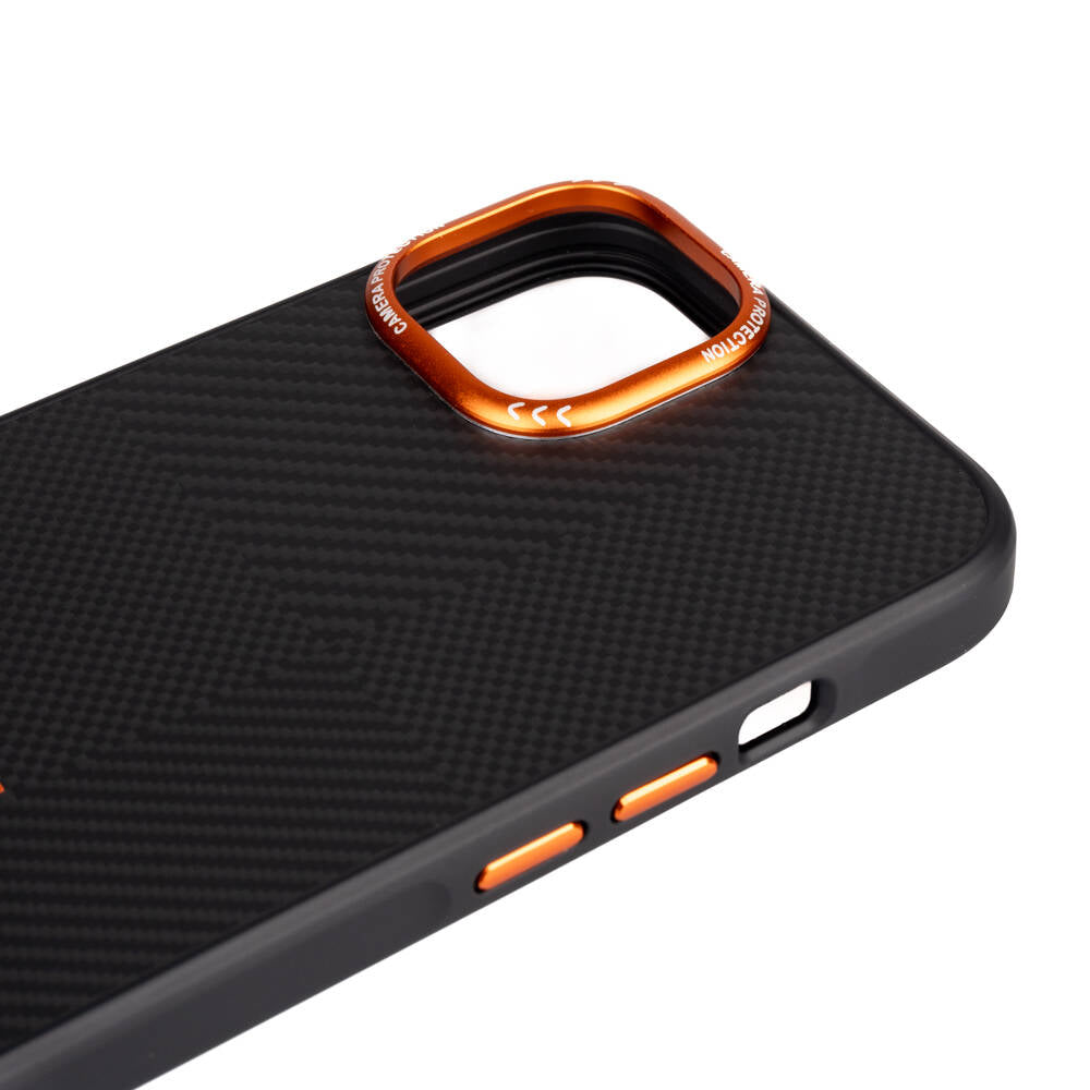 Apple iPhone 14 Kılıf M-safe Şarj Özellikli Karbon Fiber Görünümlü Zore Kamp Kapak Turuncu