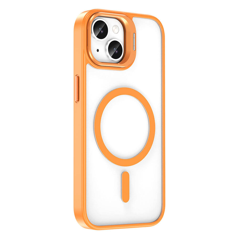 Apple iPhone 14 Kılıf M-safe Şarj Özellikli Standlı Zore M-safe Klon Lensli Kapak Turuncu