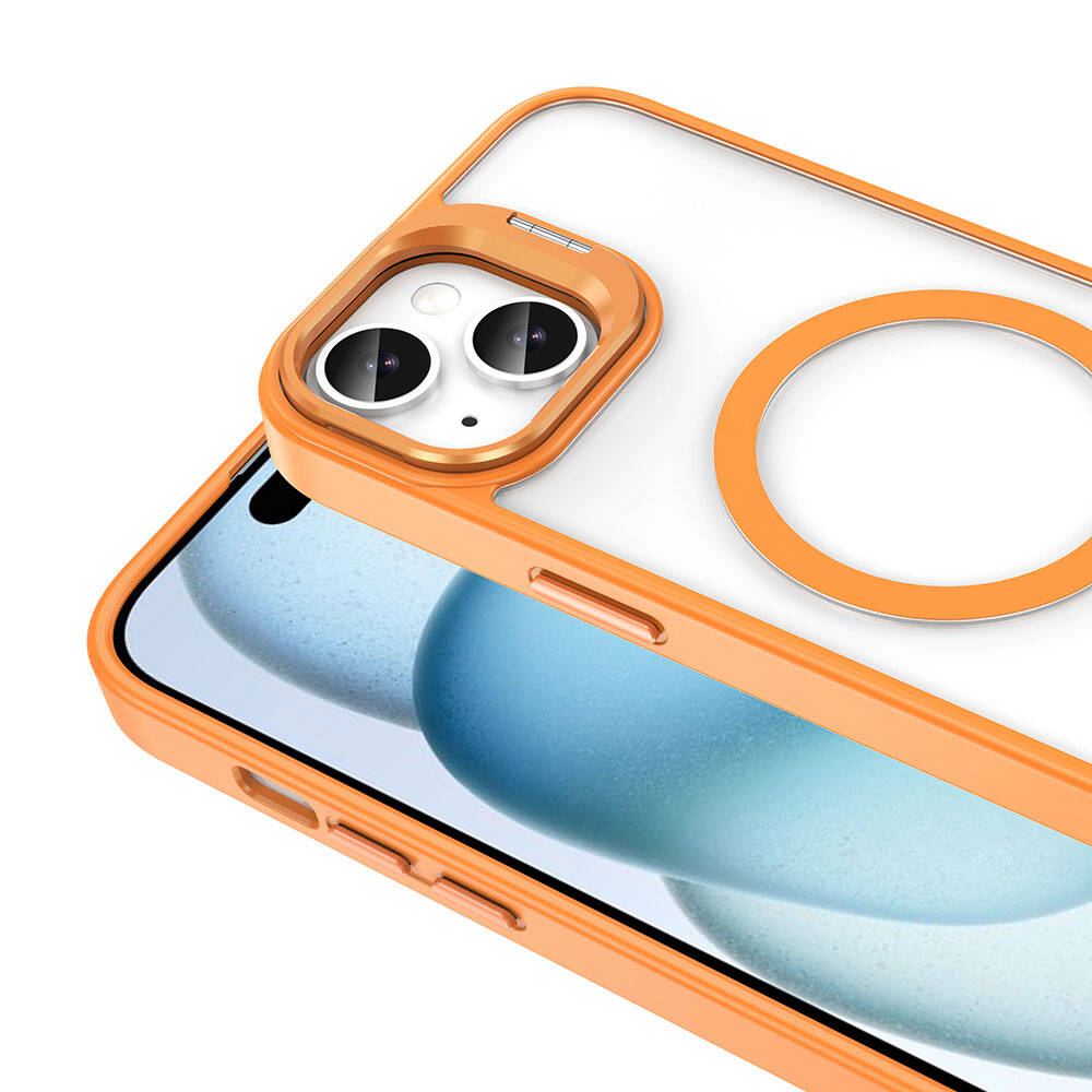Apple iPhone 14 Kılıf M-safe Şarj Özellikli Standlı Zore M-safe Klon Lensli Kapak Turuncu