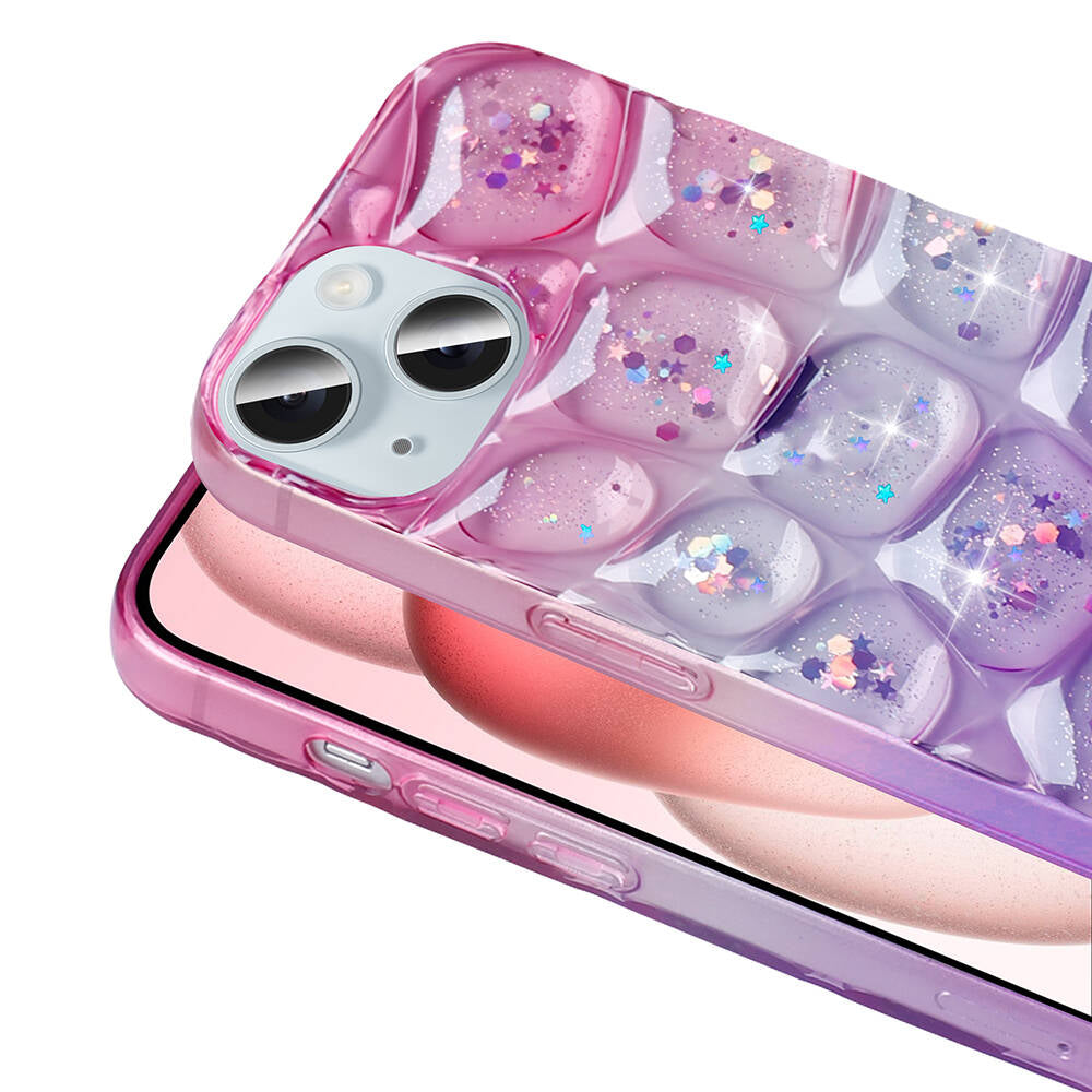 Apple iPhone 14 Kılıf Simli 3D Desenli Zore Hacar Kapak Pembe-Mavi