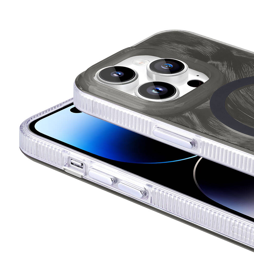 Apple iPhone 14 Pro Kılıf M-safe Şarj Özellikli Fırça Boya Desenli Zore Palet Kapak Gri