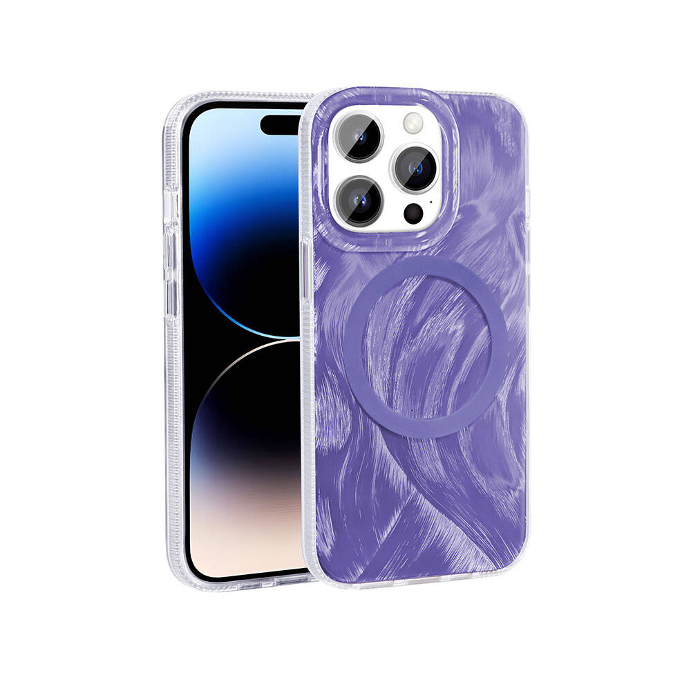 Apple iPhone 14 Pro Kılıf M-safe Şarj Özellikli Fırça Boya Desenli Zore Palet Kapak Mor