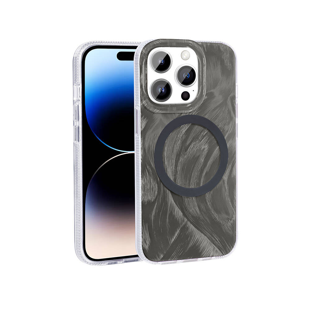 Apple iPhone 14 Pro Kılıf M-safe Şarj Özellikli Fırça Boya Desenli Zore Palet Kapak Gri