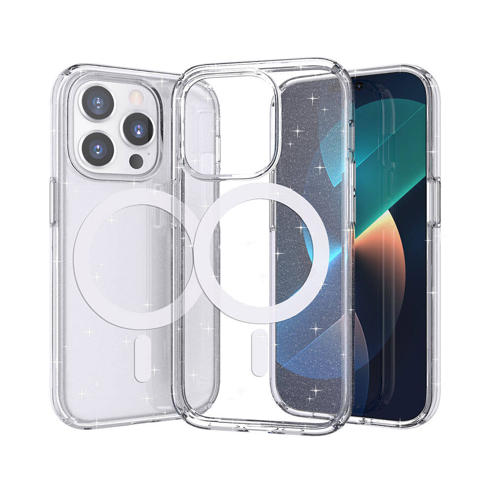 Apple iPhone 14 Pro Kılıf M-safe Şarj Özellikli Parlayan Simli Saydam Renkli Zore Allstar Kapak Pembe
