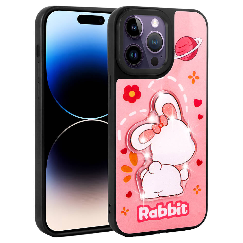 Apple iPhone 14 Pro Kılıf Parlayan Kabartmalı İkonik Figürlü Zore Amas Silikon Kapak Pembe