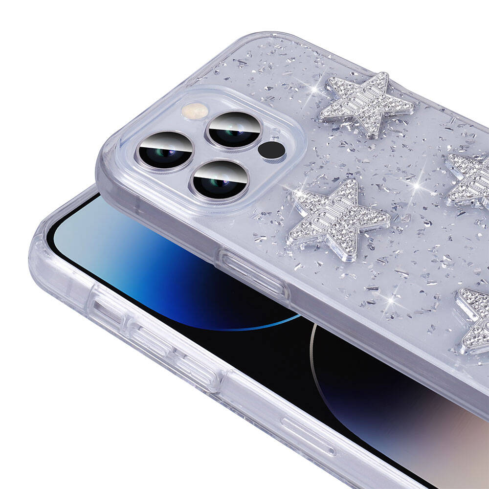 Apple iPhone 14 Pro Max Kılıf Airbagli Simli Arka Yüzey Zore Işıltı Silikon Kapak Beyaz-Yıldız