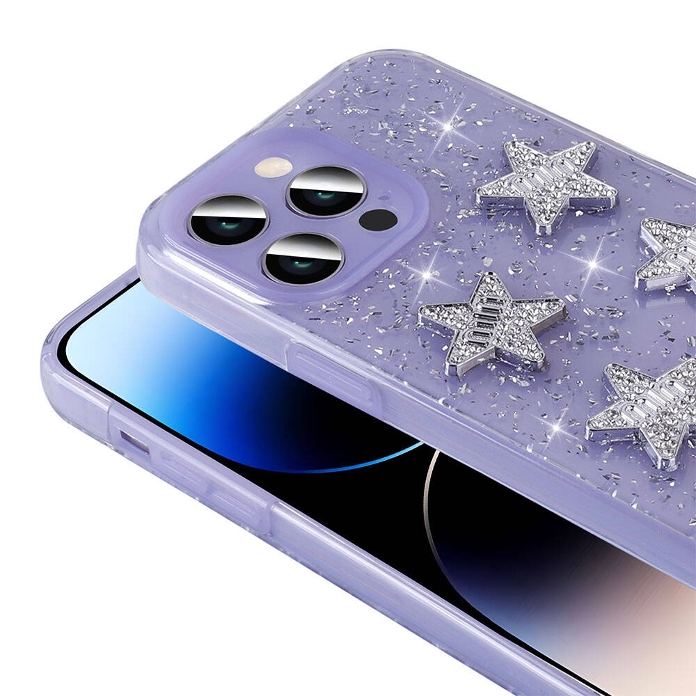 Apple iPhone 14 Pro Max Kılıf Airbagli Simli Arka Yüzey Zore Işıltı Silikon Kapak Lila