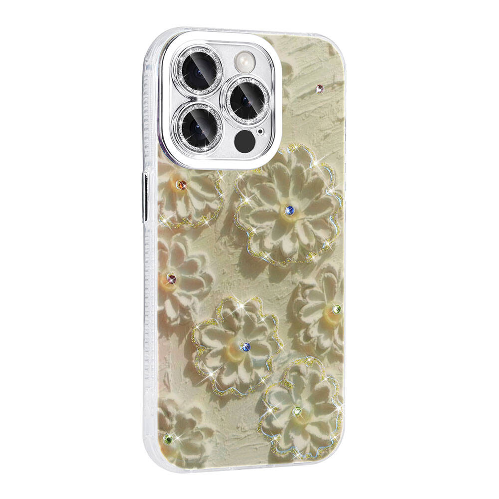 Apple iPhone 14 Pro Max Kılıf Çiçek Desenli Parlak Taşlı Sert Silikon Zore Garden Kapak Colorful