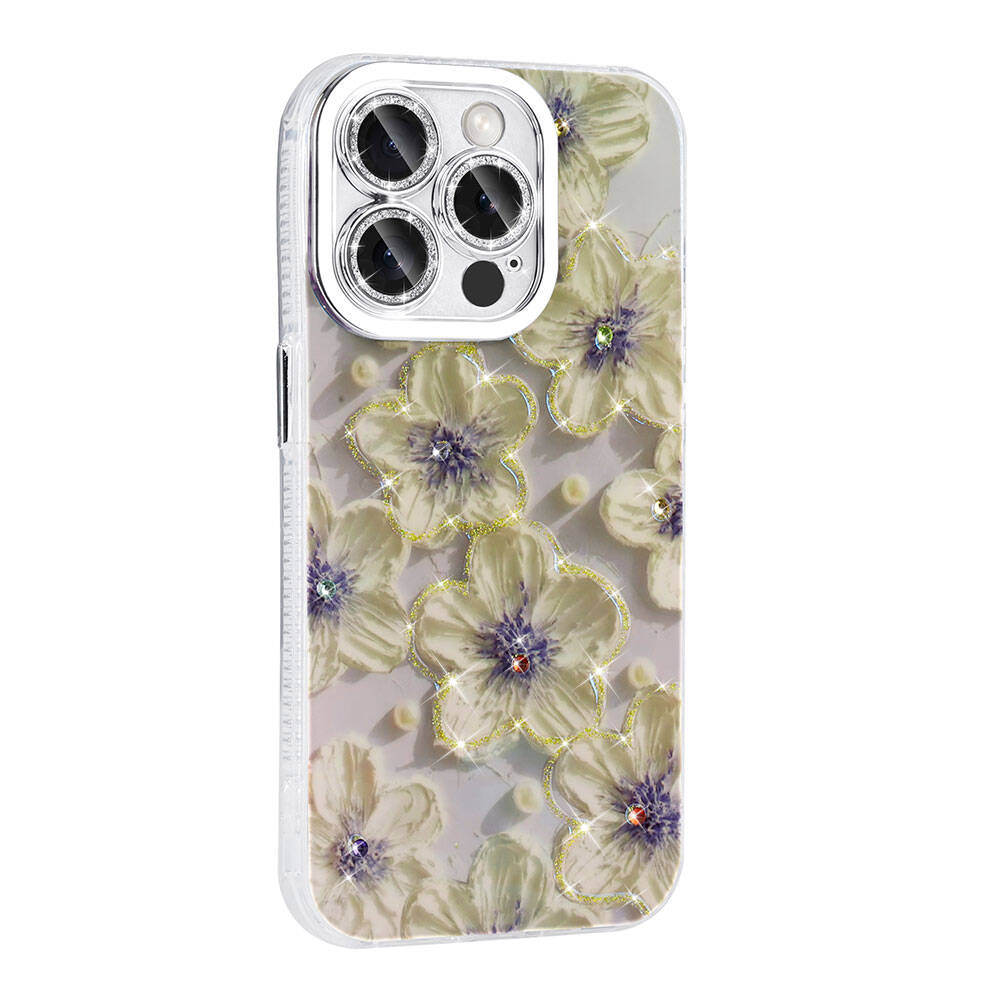 Apple iPhone 14 Pro Max Kılıf Çiçek Desenli Parlak Taşlı Sert Silikon Zore Garden Kapak Mavi