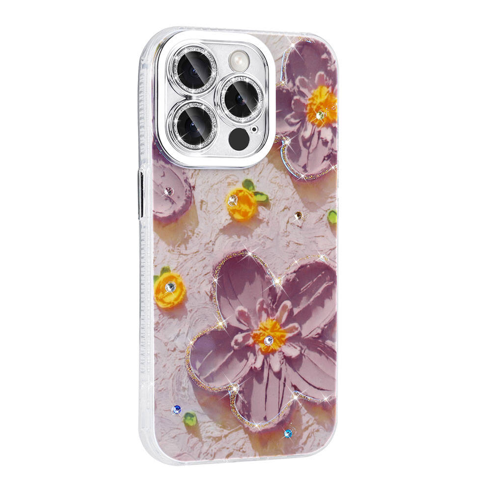 Apple iPhone 14 Pro Max Kılıf Çiçek Desenli Parlak Taşlı Sert Silikon Zore Garden Kapak Mavi
