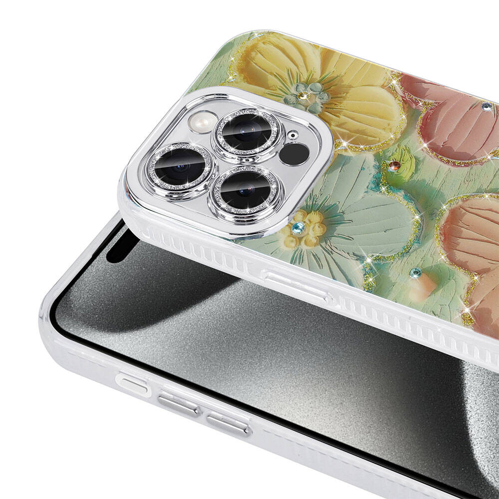 Apple iPhone 14 Pro Max Kılıf Çiçek Desenli Parlak Taşlı Sert Silikon Zore Garden Kapak Mavi