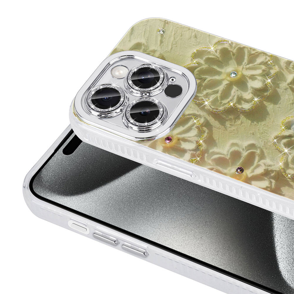 Apple iPhone 14 Pro Max Kılıf Çiçek Desenli Parlak Taşlı Sert Silikon Zore Garden Kapak Mavi