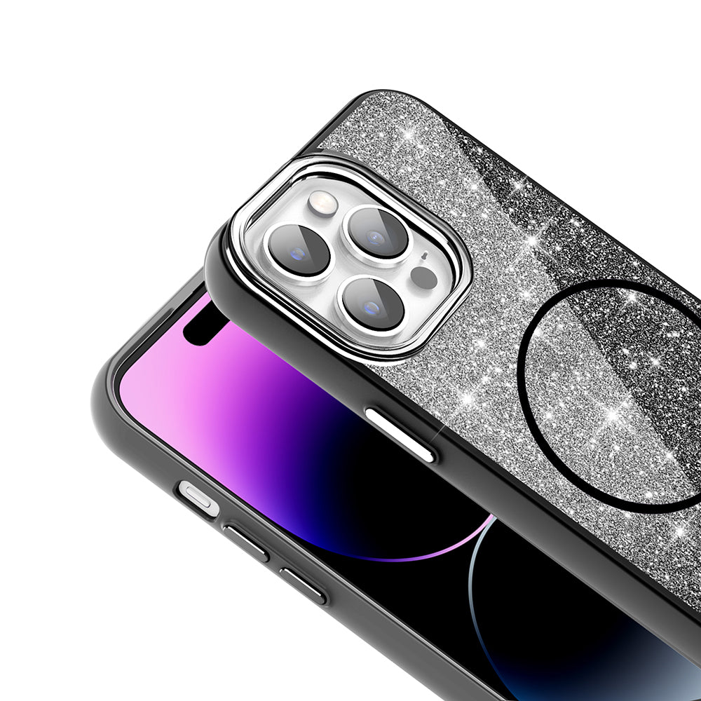 Apple iPhone 14 Pro Max Kılıf M-safe Şarj Özellikli Parlayan Simli Zore Okso Kapak Siyah