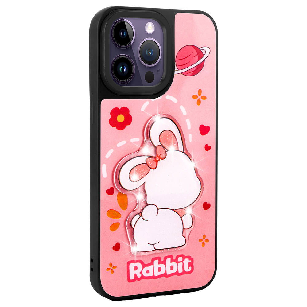 Apple iPhone 14 Pro Max Kılıf Parlayan Kabartmalı İkonik Figürlü Zore Amas Silikon Kapak Pembe