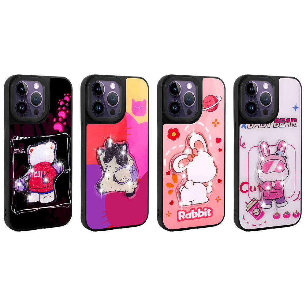 Apple iPhone 14 Pro Max Kılıf Parlayan Kabartmalı İkonik Figürlü Zore Amas Silikon Kapak Mor