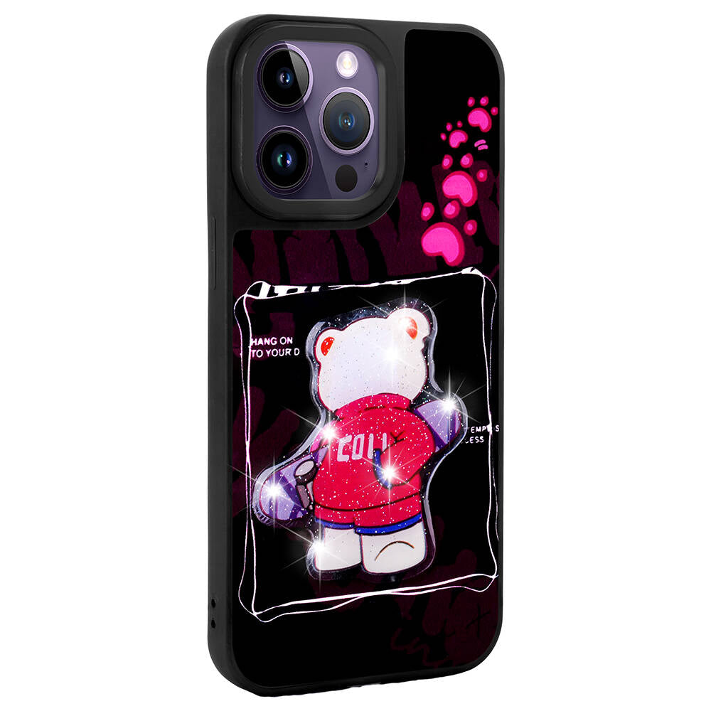 Apple iPhone 14 Pro Max Kılıf Parlayan Kabartmalı İkonik Figürlü Zore Amas Silikon Kapak Mor