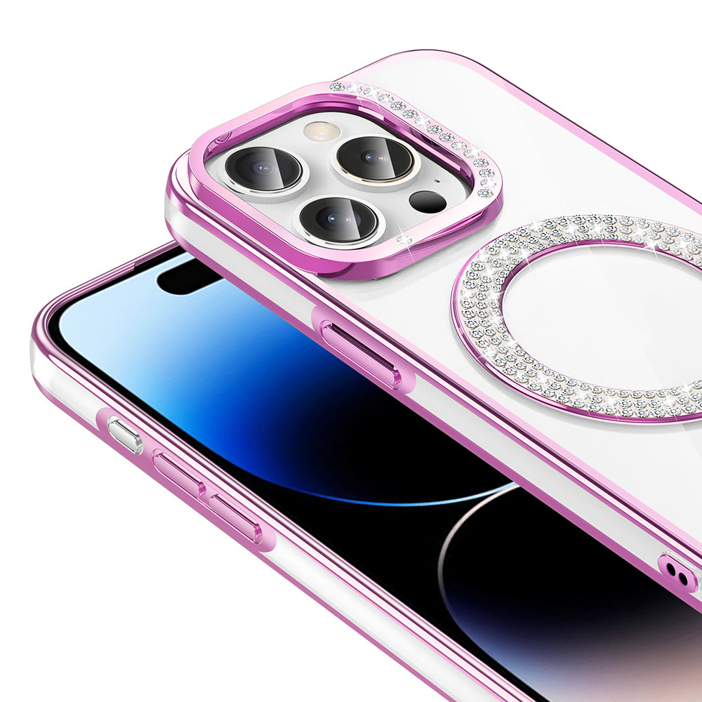 Apple iPhone 14 Pro Max Kılıf Pırlanta Taş Tasarımlı M-safe Şarj Özellikli Zore Karetta Silikon Kapak Gold