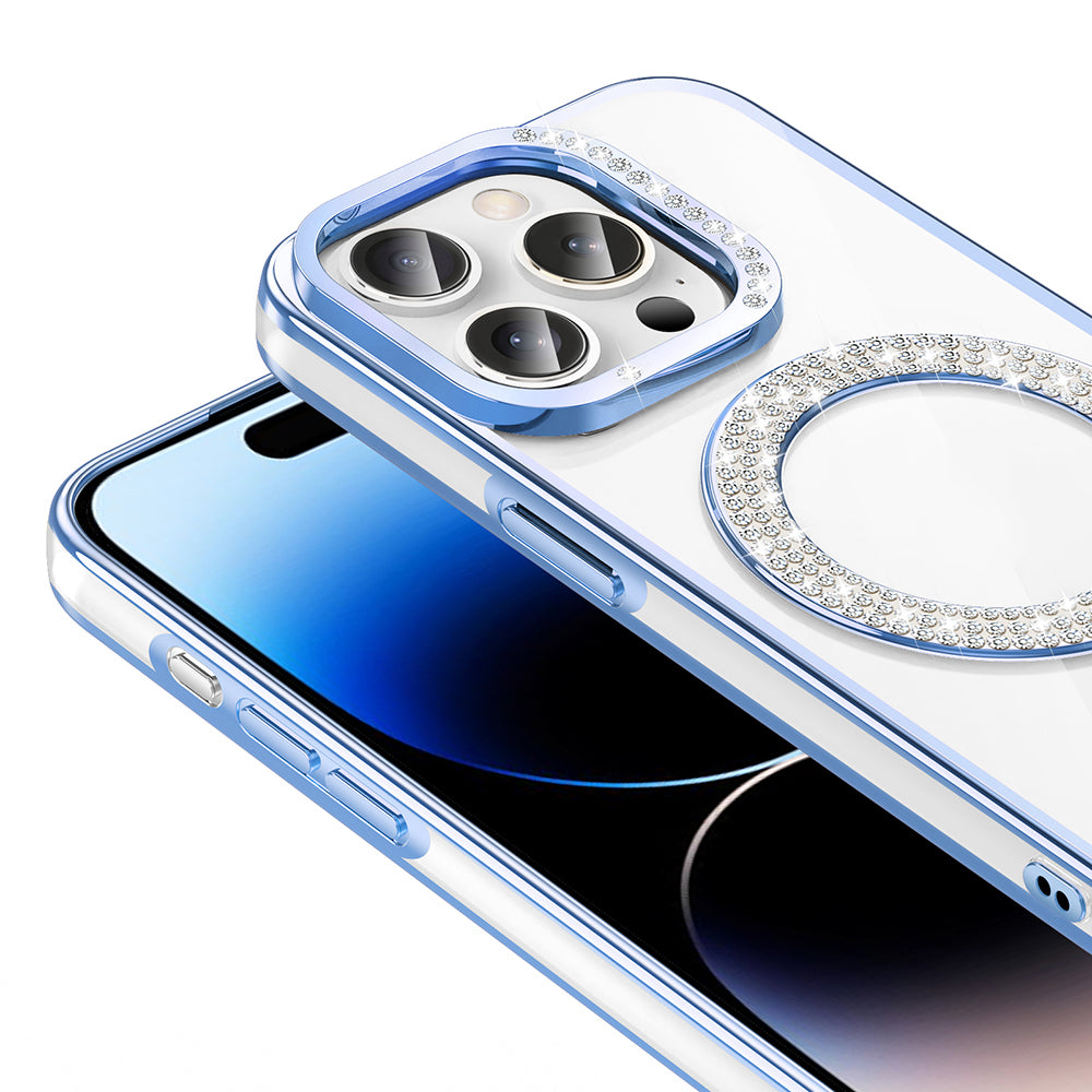 Apple iPhone 14 Pro Max Kılıf Pırlanta Taş Tasarımlı M-safe Şarj Özellikli Zore Karetta Silikon Kapak Siyah