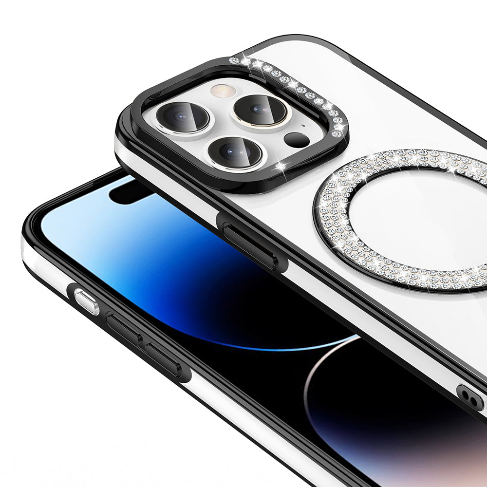Apple iPhone 14 Pro Max Kılıf Pırlanta Taş Tasarımlı M-safe Şarj Özellikli Zore Karetta Silikon Kapak Mor