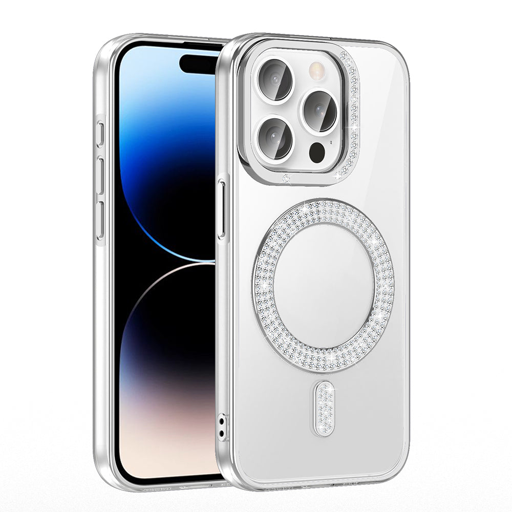 Apple iPhone 14 Pro Max Kılıf Pırlanta Taş Tasarımlı M-safe Şarj Özellikli Zore Karetta Silikon Kapak Mor