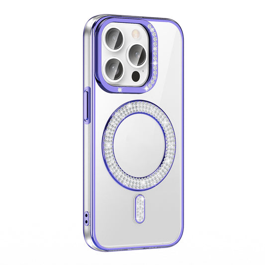 Apple iPhone 14 Pro Max Kılıf Pırlanta Taş Tasarımlı M-safe Şarj Özellikli Zore Karetta Silikon Kapak Mor