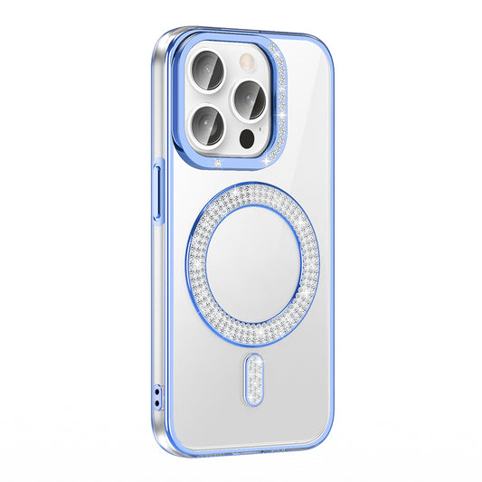 Apple iPhone 14 Pro Max Kılıf Pırlanta Taş Tasarımlı M-safe Şarj Özellikli Zore Karetta Silikon Kapak Mavi