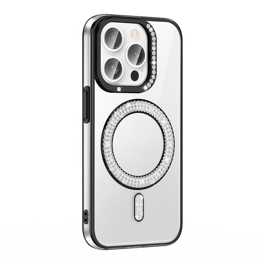 Apple iPhone 14 Pro Max Kılıf Pırlanta Taş Tasarımlı M-safe Şarj Özellikli Zore Karetta Silikon Kapak Siyah