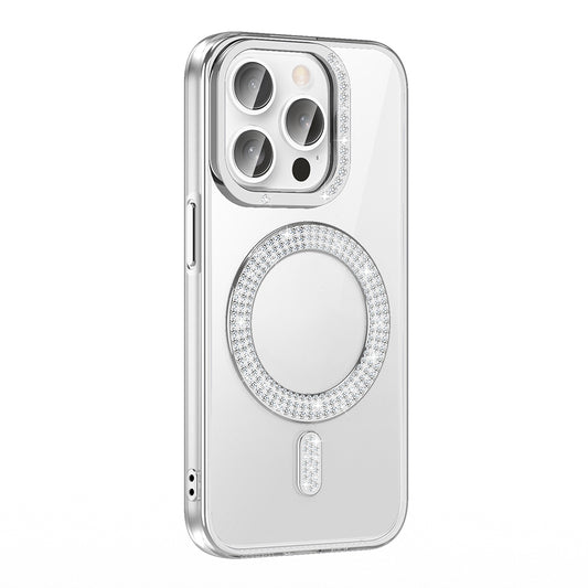 Apple iPhone 14 Pro Max Kılıf Pırlanta Taş Tasarımlı M-safe Şarj Özellikli Zore Karetta Silikon Kapak Gümüş