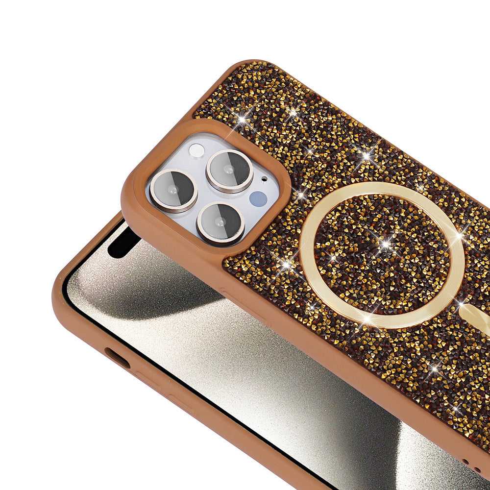 Apple iPhone 14 Pro Max Kılıf Pırlanta Tasarımlı M-safe Şarj Özellikli Zore Mozaik Silikon Kapak Desert Titanyum