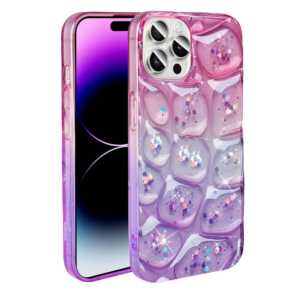 Apple iPhone 14 Pro Max Kılıf Simli 3D Desenli Zore Hacar Kapak Mor-Mavi