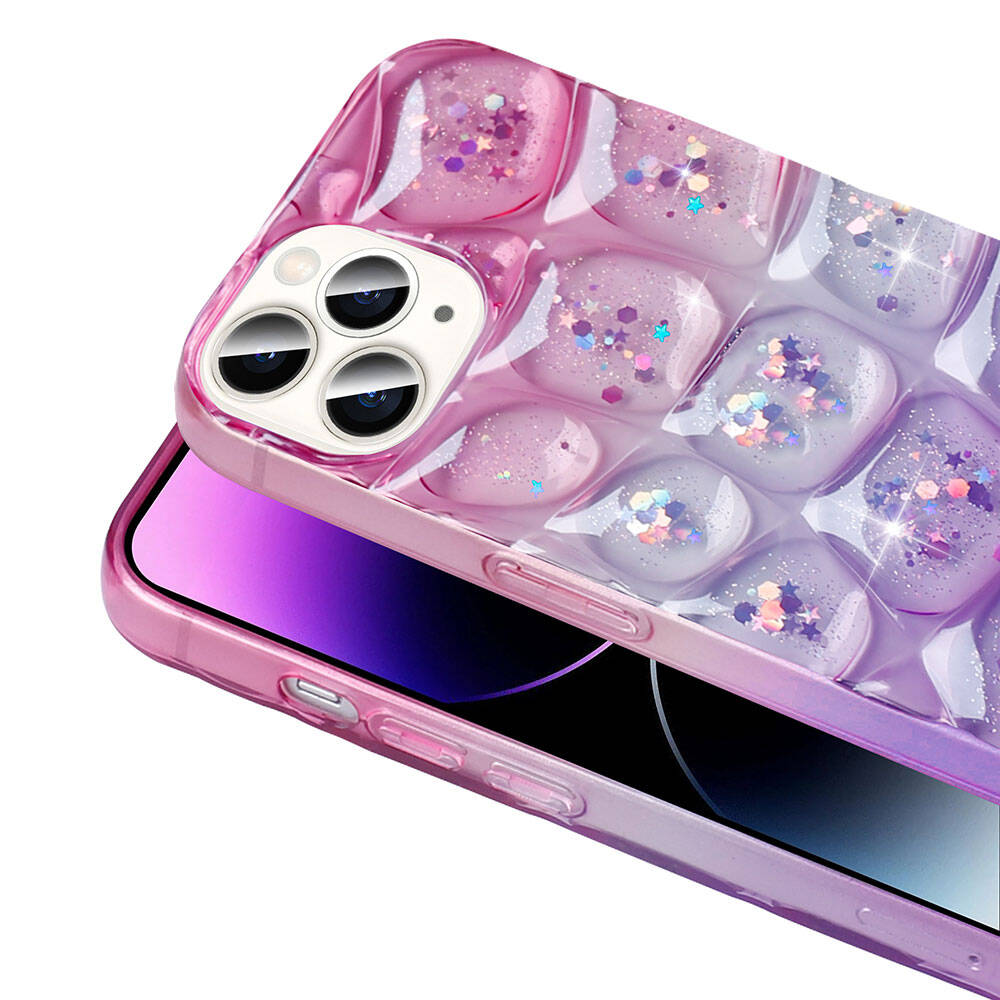 Apple iPhone 14 Pro Max Kılıf Simli 3D Desenli Zore Hacar Kapak Pembe-Mor