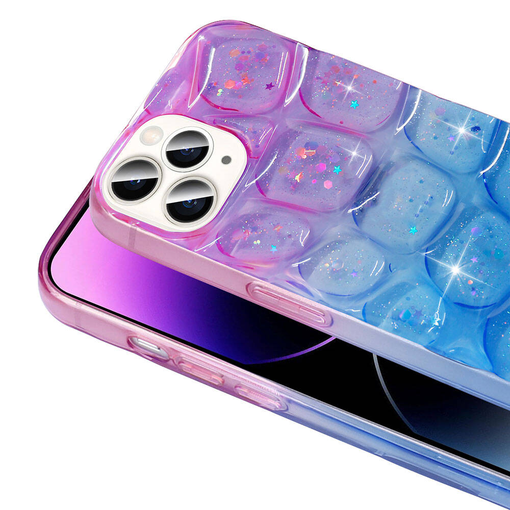 Apple iPhone 14 Pro Max Kılıf Simli 3D Desenli Zore Hacar Kapak Mor-Mavi