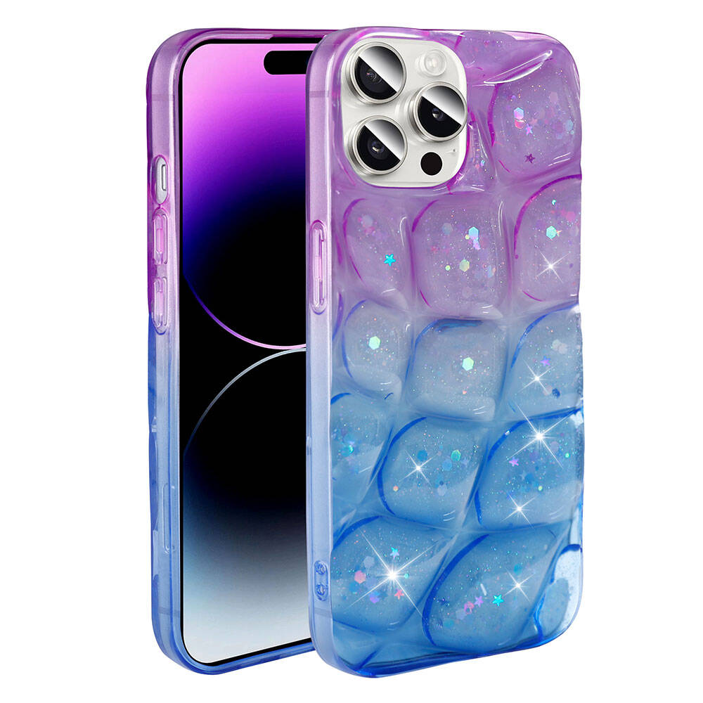 Apple iPhone 14 Pro Max Kılıf Simli 3D Desenli Zore Hacar Kapak Pembe-Mor