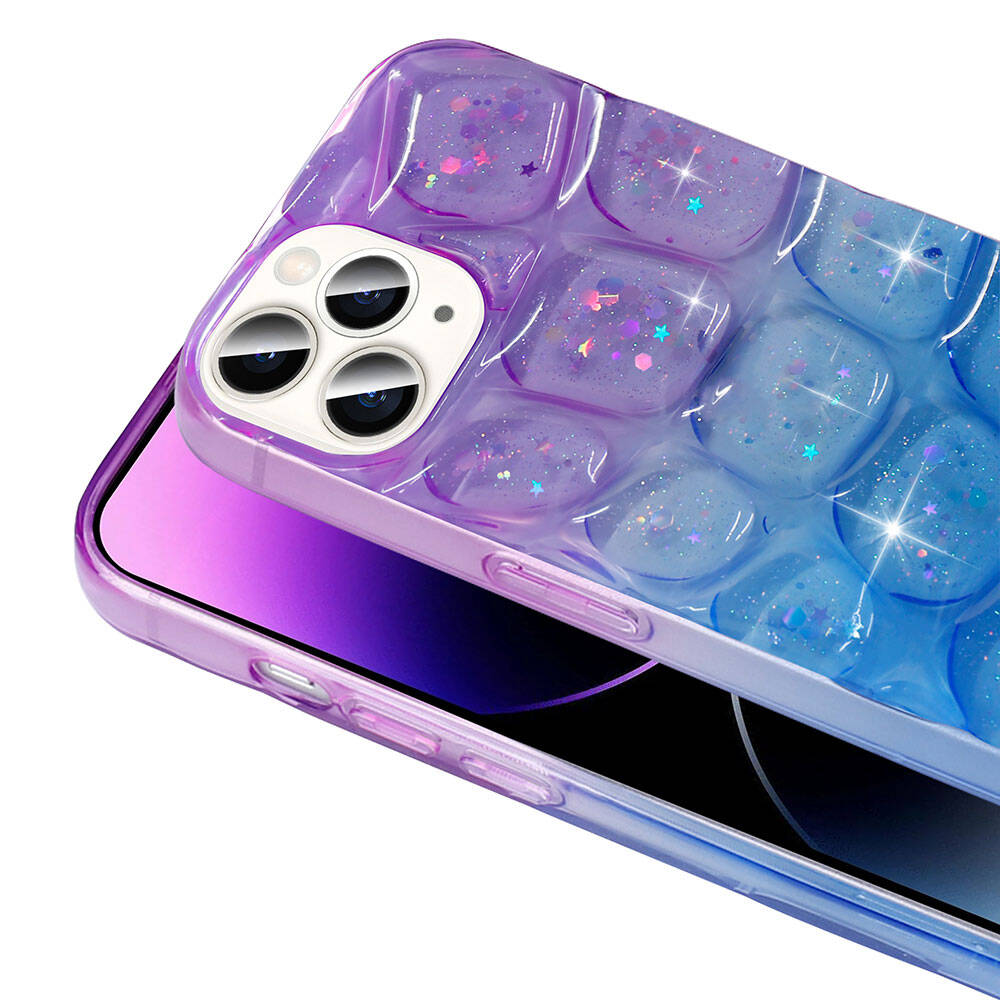 Apple iPhone 14 Pro Max Kılıf Simli 3D Desenli Zore Hacar Kapak Mor-Mavi